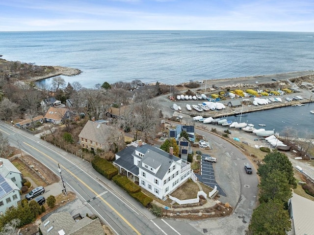 drone / aerial view featuring a water view