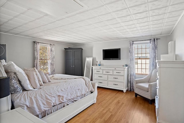 bedroom featuring multiple windows and light wood-type flooring