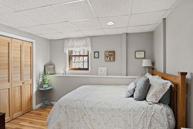 bedroom featuring a paneled ceiling, light hardwood / wood-style floors, and a closet