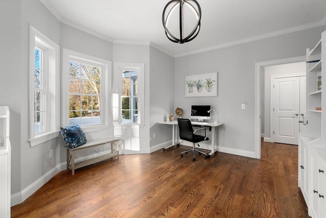 home office featuring baseboards, wood finished floors, and crown molding