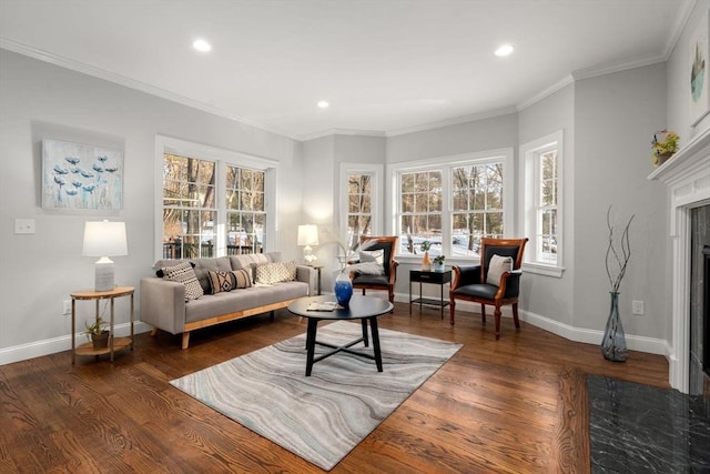 living room featuring a fireplace, baseboards, and wood finished floors