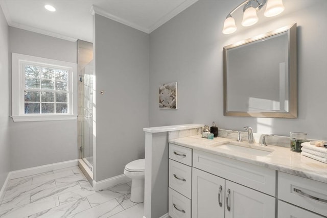 bathroom with marble finish floor, crown molding, toilet, a stall shower, and baseboards