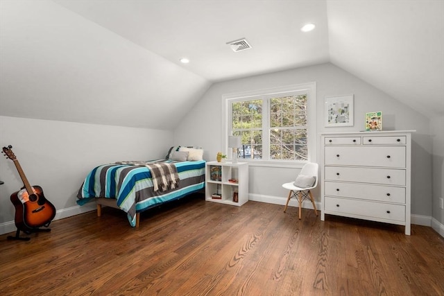 bedroom with recessed lighting, wood finished floors, visible vents, baseboards, and vaulted ceiling