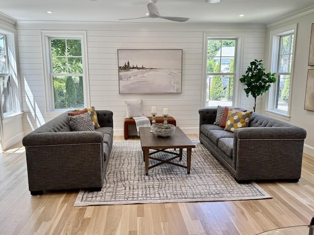 173 S St, Brookline, MA 02467 - living room featuring ornamental molding, wood finished floors, a ceiling fan, and recessed lighting