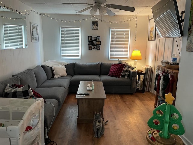 living room featuring hardwood / wood-style flooring and ceiling fan