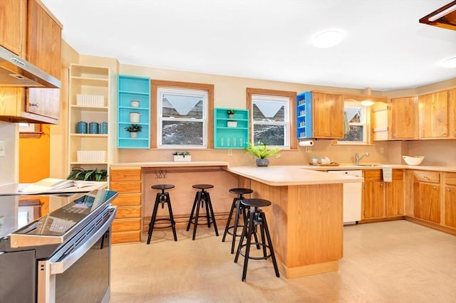 kitchen featuring sink, a breakfast bar, white dishwasher, stainless steel electric stove, and kitchen peninsula