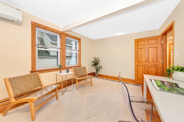 living area featuring an AC wall unit and beamed ceiling