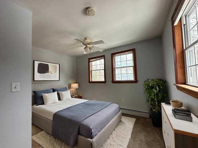 bedroom featuring ceiling fan, dark colored carpet, and a baseboard radiator