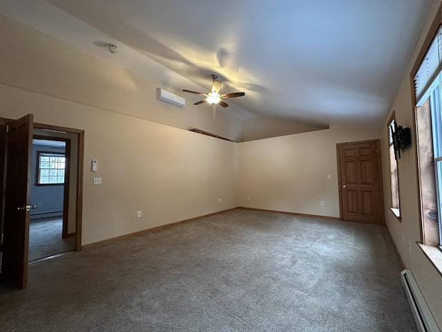 empty room featuring a baseboard radiator, carpet, baseboards, and vaulted ceiling