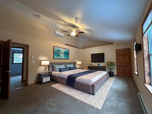 carpeted bedroom with lofted ceiling, a baseboard radiator, baseboards, and an AC wall unit