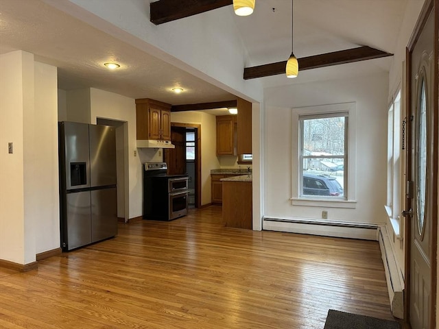 kitchen with under cabinet range hood, a baseboard heating unit, stainless steel appliances, light wood-type flooring, and beamed ceiling