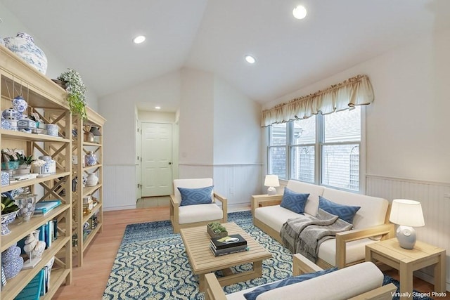 11 Dillingham Way Unit 11, Plymouth, MA 02360 - living room featuring wainscoting, vaulted ceiling, light wood-style flooring, and recessed lighting