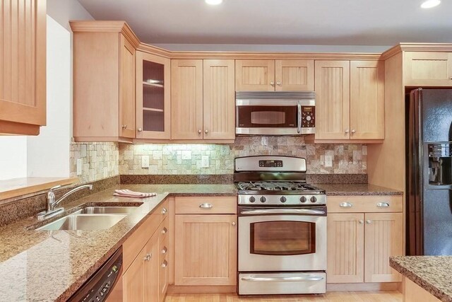 11 Dillingham Way Unit 11, Plymouth, MA 02360 - kitchen featuring stainless steel appliances, light brown cabinets, a sink, light stone countertops, and recessed lighting