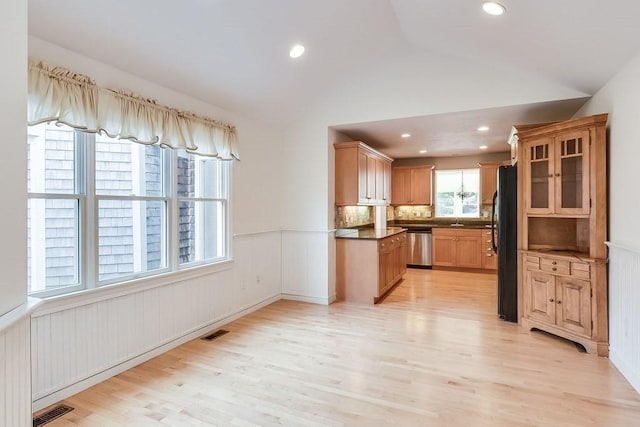11 Dillingham Way Unit 11, Plymouth, MA 02360 - kitchen featuring lofted ceiling, freestanding refrigerator, stainless steel dishwasher, light wood finished floors, and recessed lighting