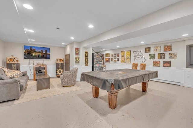 121 Merriam Rd, Grafton, MA 01519 - recreation room with baseboard heating, concrete floors, recessed lighting, pool table, and a wainscoted wall
