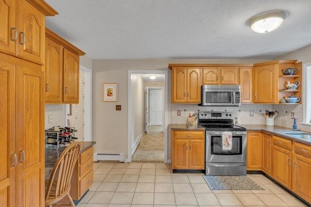 121 Merriam Rd, Grafton, MA 01519 - kitchen featuring appliances with stainless steel finishes, a baseboard radiator, open shelves, and light tile patterned floors