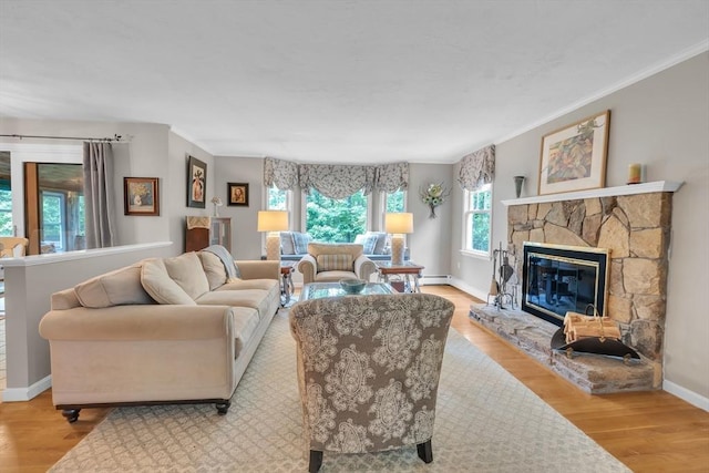 121 Merriam Rd, Grafton, MA 01519 - living area with wood finished floors, crown molding, and a fireplace