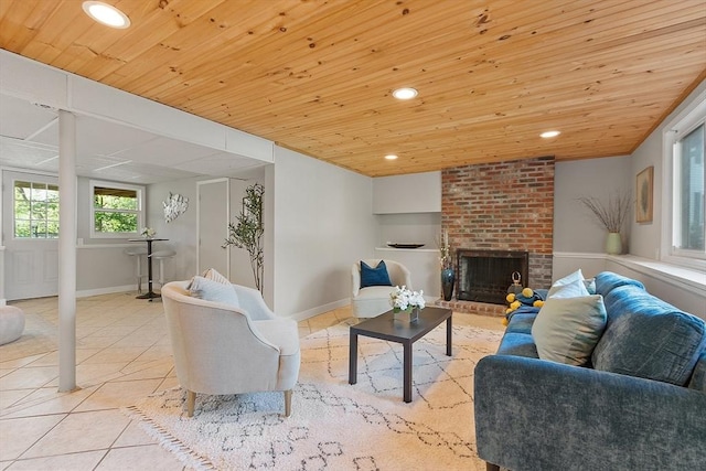 tiled living area with wood ceiling, recessed lighting, a fireplace, baseboards, and built in features