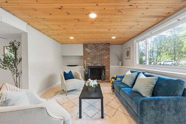 living room with wooden ceiling, a fireplace, recessed lighting, light tile patterned floors, and built in features