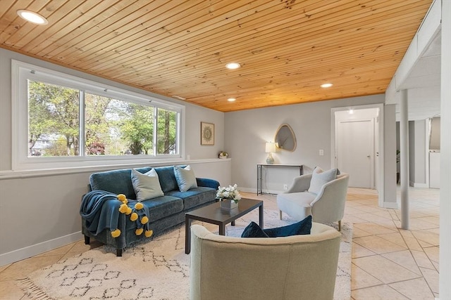 living area with wooden ceiling, recessed lighting, light tile patterned flooring, and baseboards