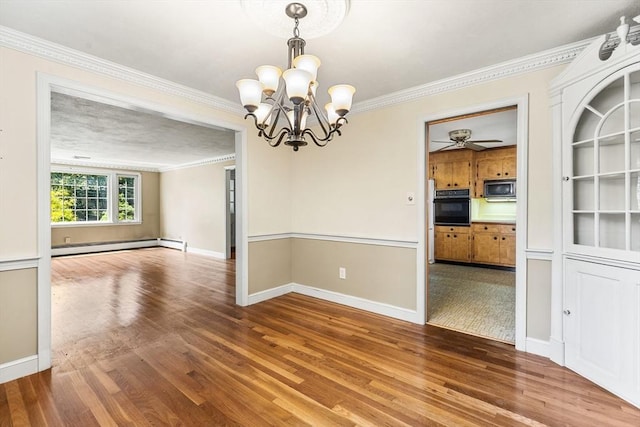 29 Gregory Rd, Wakefield, MA 01880 - unfurnished dining area featuring baseboard heating, wood finished floors, ornamental molding, and a chandelier