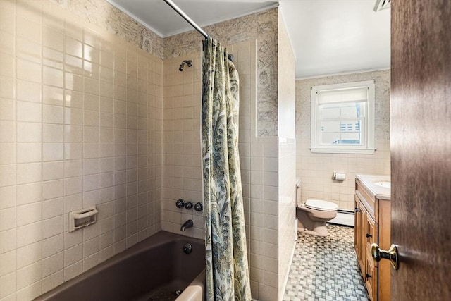 29 Gregory Rd, Wakefield, MA 01880 - bathroom with shower / bath combo with shower curtain, a baseboard heating unit, vanity, tile patterned floors, and crown molding