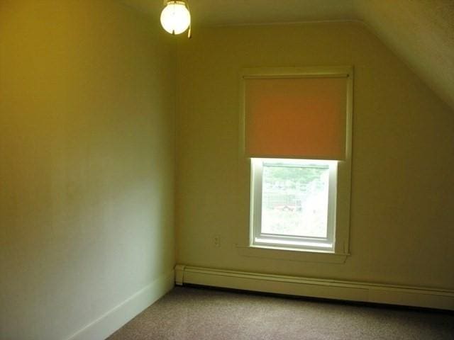 additional living space featuring carpet, baseboards, vaulted ceiling, and baseboard heating