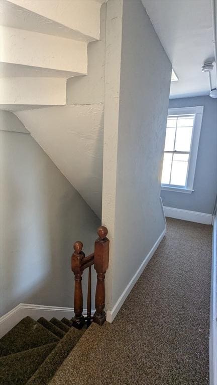 stairs with carpet, baseboards, and vaulted ceiling