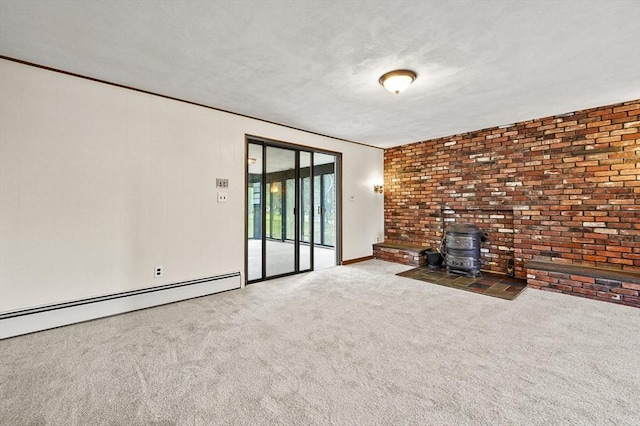 466 Hosmer St, Marlborough, MA 01752 - unfurnished living room featuring carpet, a wood stove, and baseboard heating