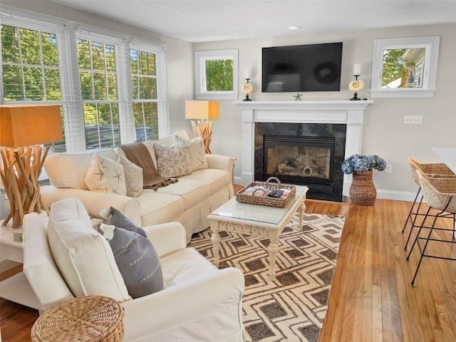 living room with a fireplace with flush hearth, baseboards, and wood finished floors