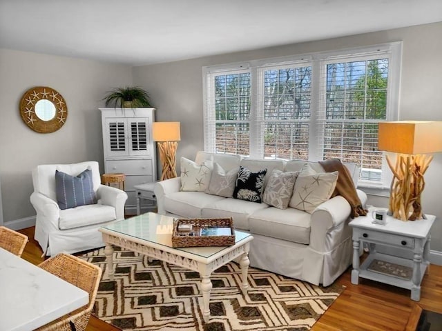 living area with baseboards and wood finished floors