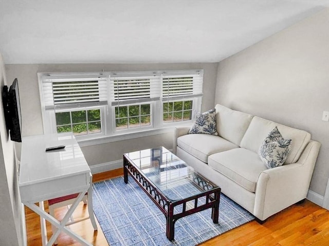 living area featuring wood finished floors and baseboards