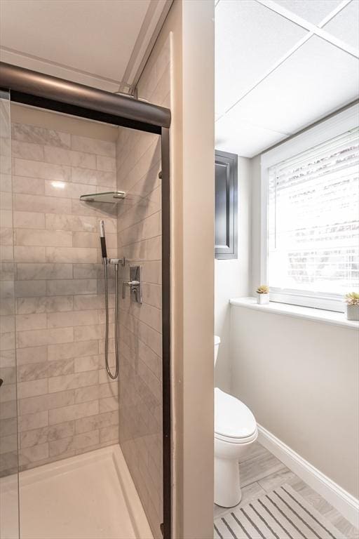 bathroom featuring toilet, baseboards, and a shower stall
