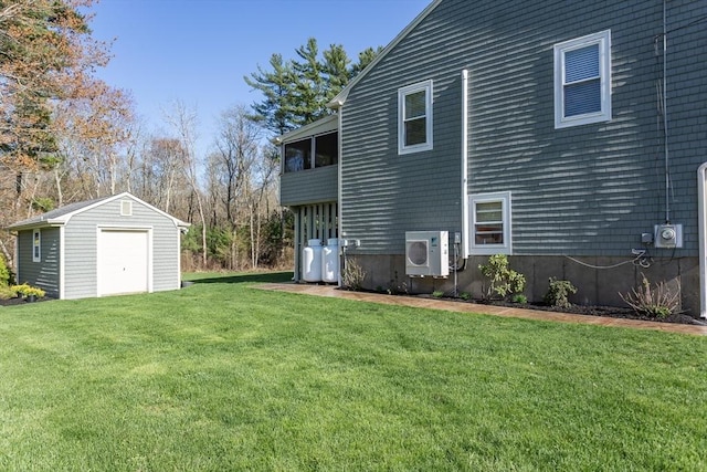 exterior space featuring a storage shed, ac unit, an outbuilding, a detached garage, and a yard