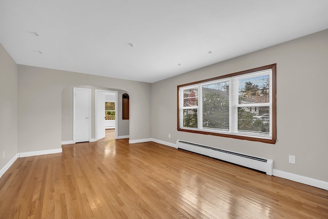 spare room with light hardwood / wood-style flooring and a baseboard heating unit