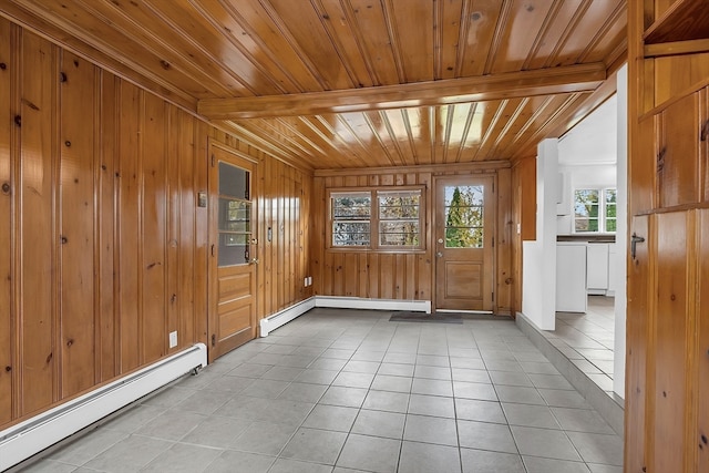 unfurnished sunroom with beam ceiling, wood ceiling, and baseboard heating