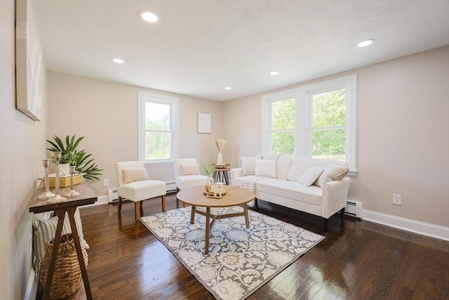 living room featuring healthy amount of natural light, baseboards, dark wood-style floors, recessed lighting, and a baseboard radiator
