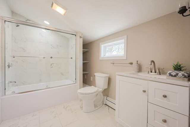 bathroom with toilet, marble look tiles, a baseboard radiator, combined bath / shower with glass door, and vanity