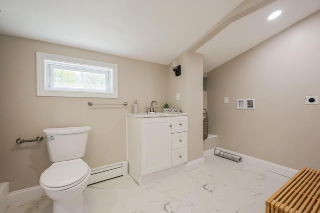 bathroom with baseboard heating, marble look tile flooring, baseboards, toilet, and recessed lighting