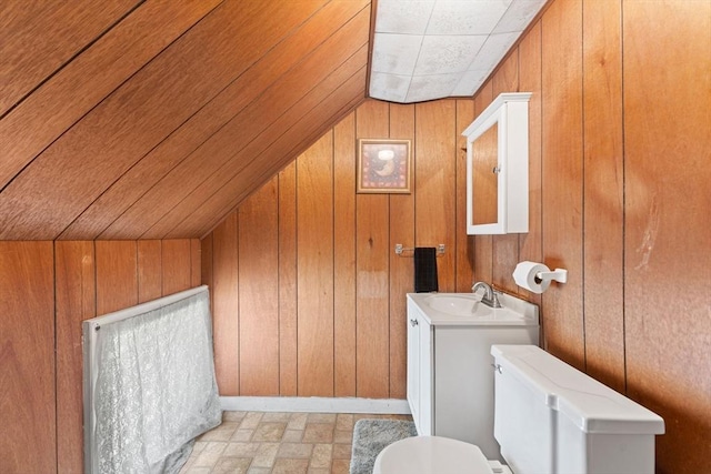 bathroom with wooden walls, vanity, and toilet