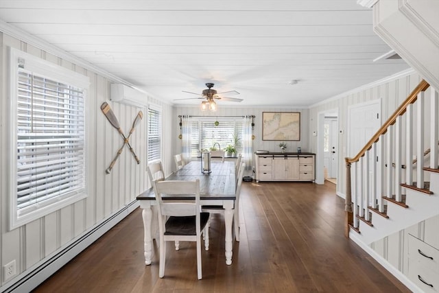 1091 Tobey St, New Bedford, MA 02745 - dining room with a baseboard radiator, ornamental molding, dark wood-type flooring, stairway, and a ceiling fan