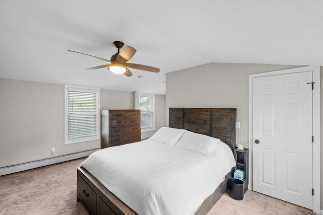 1091 Tobey St, New Bedford, MA 02745 - bedroom featuring light carpet, lofted ceiling, a baseboard heating unit, and a ceiling fan