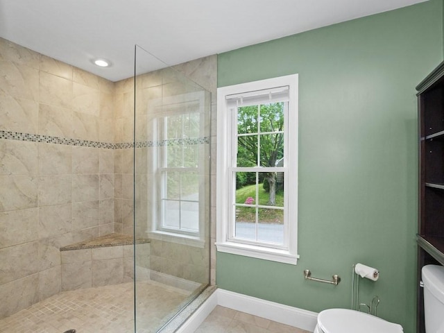 4 University Park, Waltham, MA 02453 - bathroom with toilet, a walk in shower, baseboards, and tile patterned floors
