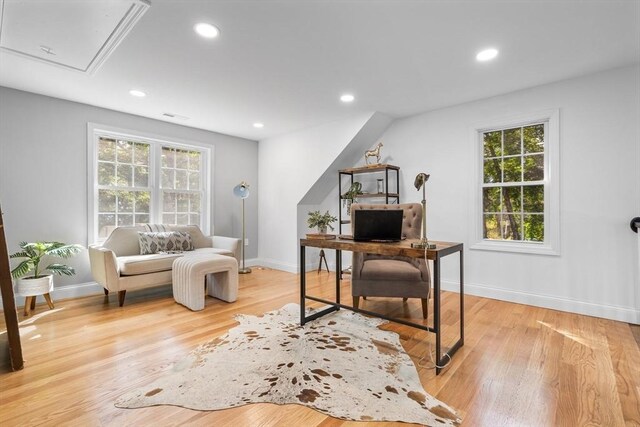 office area featuring light hardwood / wood-style floors and a wealth of natural light