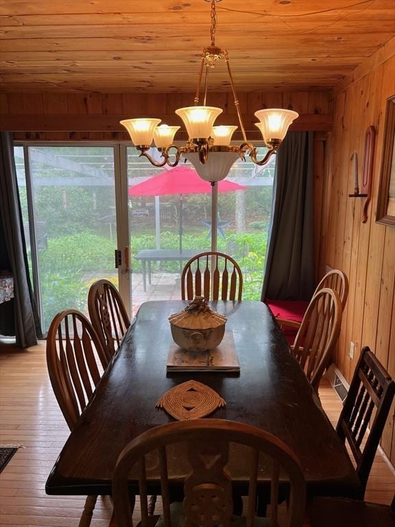 390 Brackett Rd, Eastham, MA 02642 - dining space with wooden ceiling, wooden walls, a chandelier, and hardwood / wood-style flooring