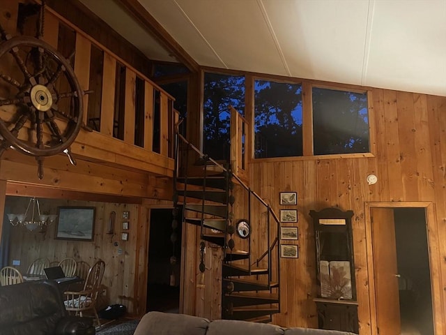 390 Brackett Rd, Eastham, MA 02642 - living area featuring wooden walls and stairs