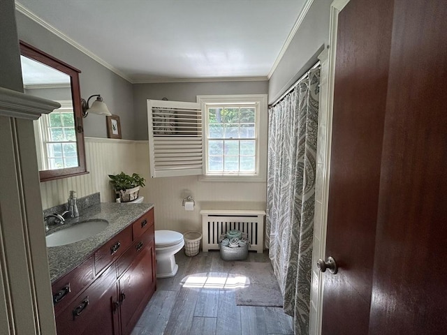 29 Deernolm St, Grafton, MA 01536 - bathroom with radiator, plenty of natural light, vanity, wood finished floors, and a wainscoted wall
