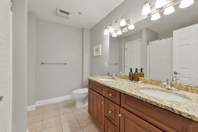 410 Salem St Unit 707, Wakefield, MA 01880 - bathroom featuring tile patterned floors, double vanity, toilet, baseboards, and curtained shower