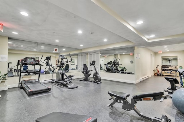 82 Virginia Rd Unit 405, Lincoln, MA 01773 - workout area featuring baseboards, recessed lighting, and a baseboard radiator