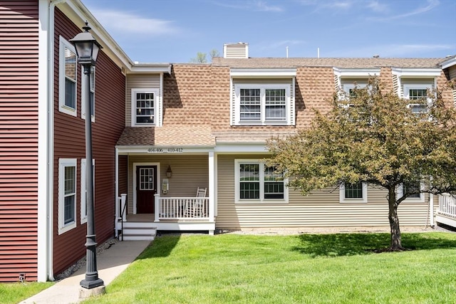 82 Virginia Rd Unit 405, Lincoln, MA 01773 - multi unit property featuring a shingled roof, a porch, a front yard, and a chimney